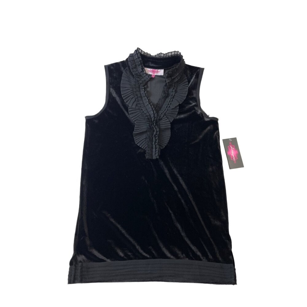 Astrageous Black Sleeveless Velvet Sleeveless Shirt Ruffle Neck Sz S - New